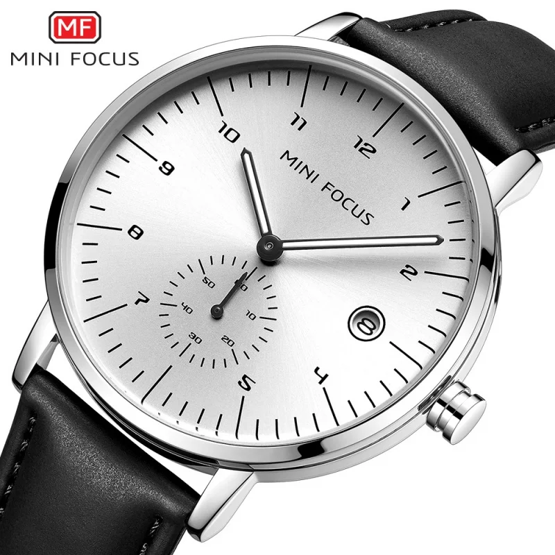 MINI FOCUS 0303 Brand Men's Quartz Watch Simple Casual Calendar Waterproof Leather Strap Business Watches for Men reloj hombre