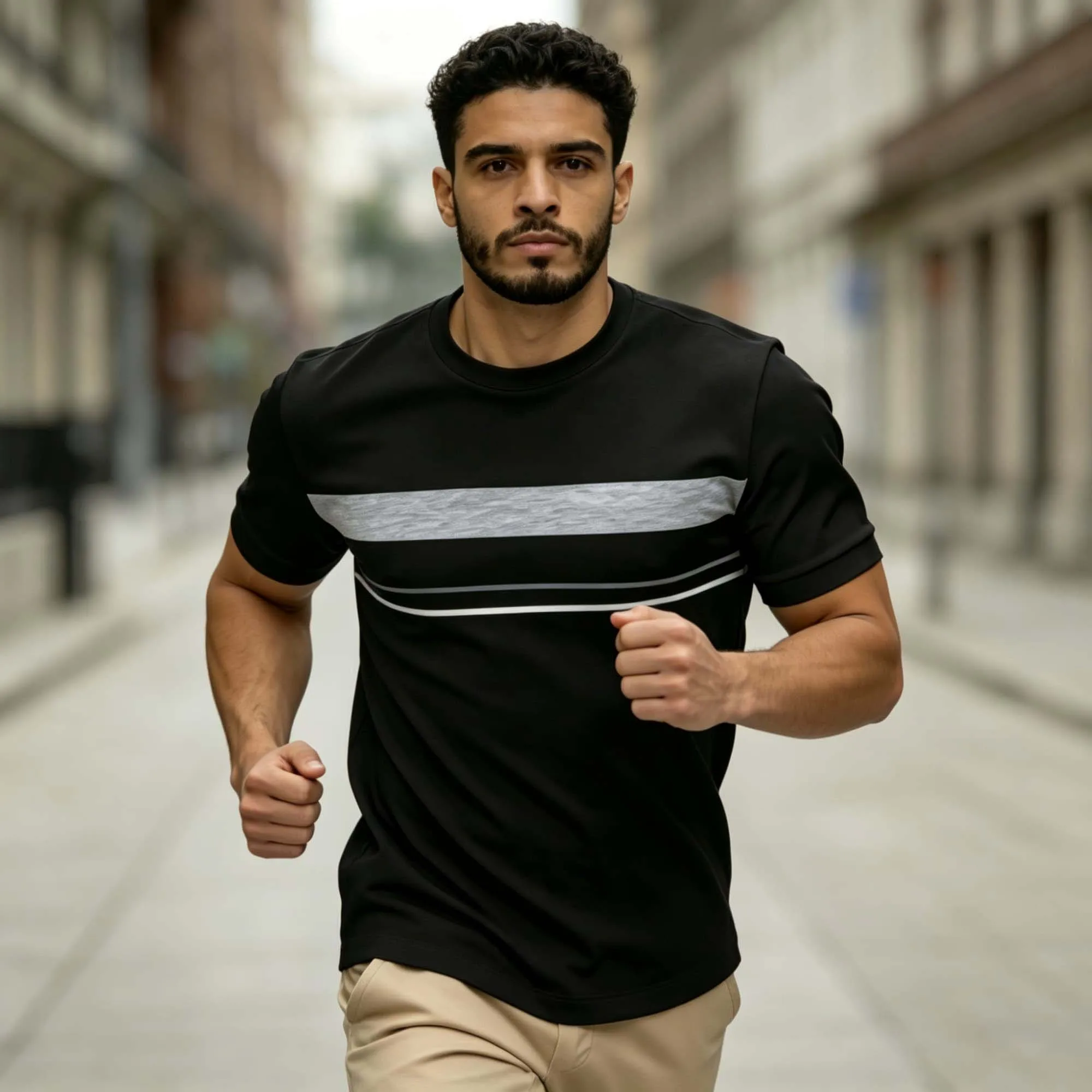 Running Workout T Shirt For Men Black Base Grey White Horizontal Line All Over Print Short Sleeve Lightweig Outdoor Sport Tee