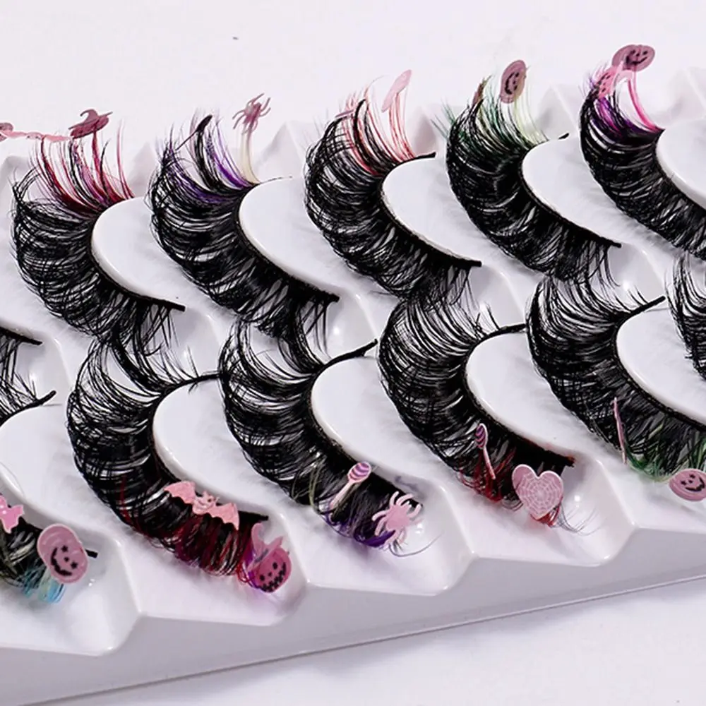 7 pares de pestañas coloridas espectaculares, pestañas de visón con lentejuelas de Halloween, calabaza y bruja, gruesas y esponjosas, rizadas rusas