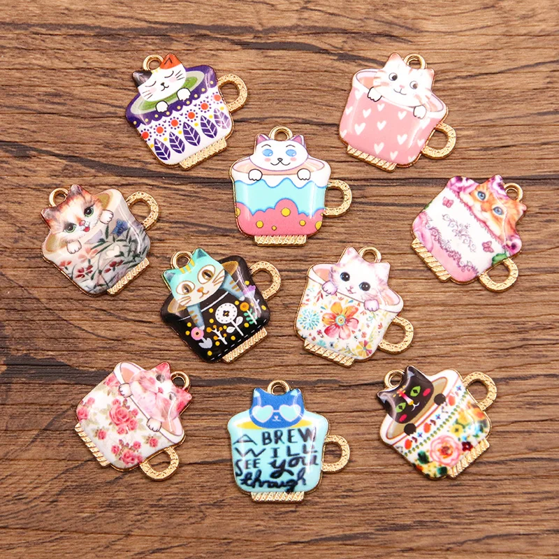 20Pcs 10Color 23x23MM Alloy Metal Drop Oil Printing Cup Cat Charm Animal Pendant For Enamel DIY Bracelet Necklace Jewelry Making