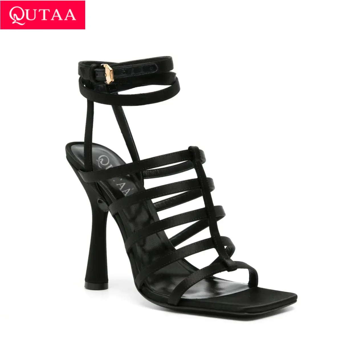 QUTAA 2024 Women Sandals Thin High Heel Ankle Strap Shoes Woman Square Toe Gladiator Summer Casual Pumps Size 34-42