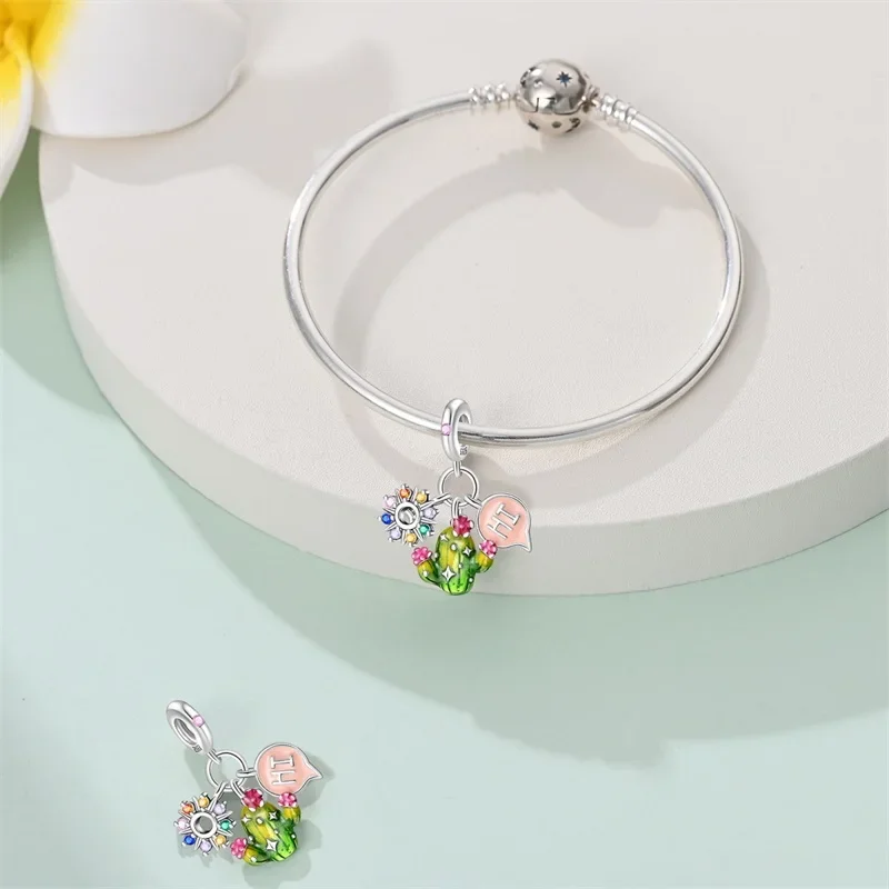 Springtime Flamingo Cactus Sunflower Animal Charms Beads Fit  DIY 925 Sterling Silver Original Bracelets Women Fine Jewelry Gift