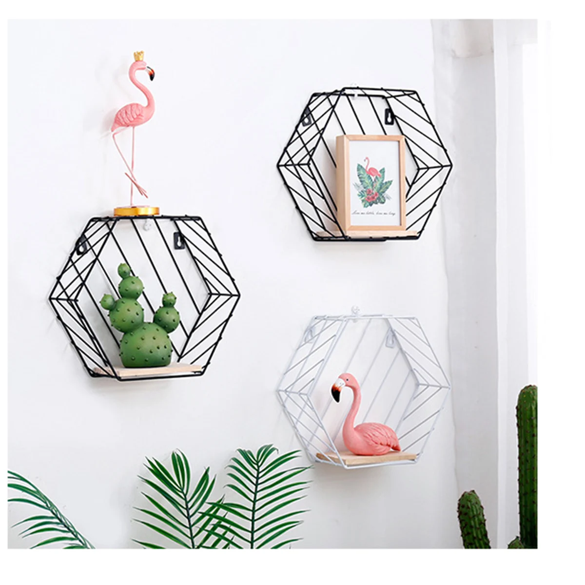 

Wrought Iron Storage Rack Hexagon Floating Shelves Wall Hanging Decorative Grid Racks Metal Decor