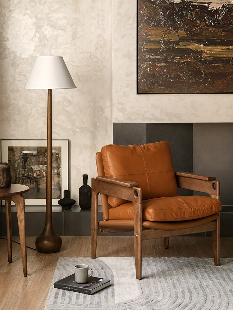 Nordic B & B Einzelsofa FreizeitModerner Lesestuhl Massivholz Leder Retro Wabi **** Wind