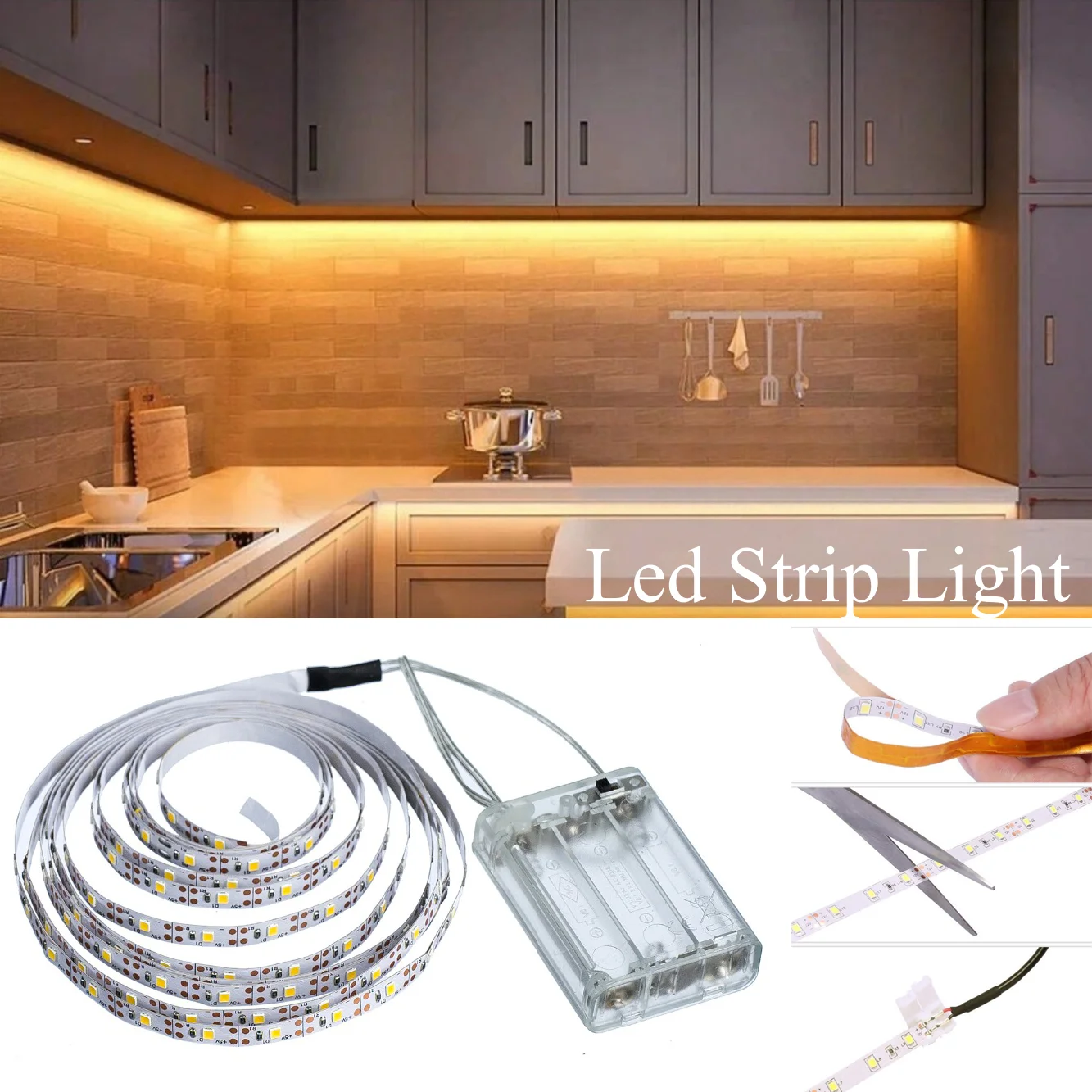 1PC Led Strip Light SMD2835 Flexible Lighting For Tv Background Lighting And Home Decoration Warm White  3AA Battery Power