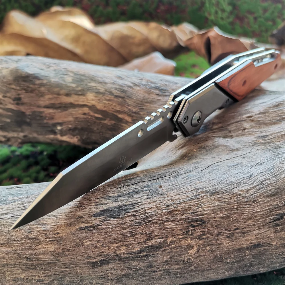 Anti-slip Wooden Handle Folding Knife for Tactical Outdoor Survival and Multi-functional Cutting Tasks