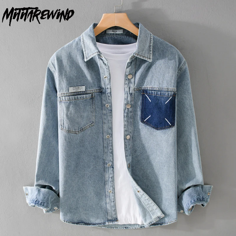 Spring Fall New Long Sleeve Denim Shirt Men American Casual Retro Shirt Loose Patchwork Designer Shirt Youth Fashion Jean Shirts