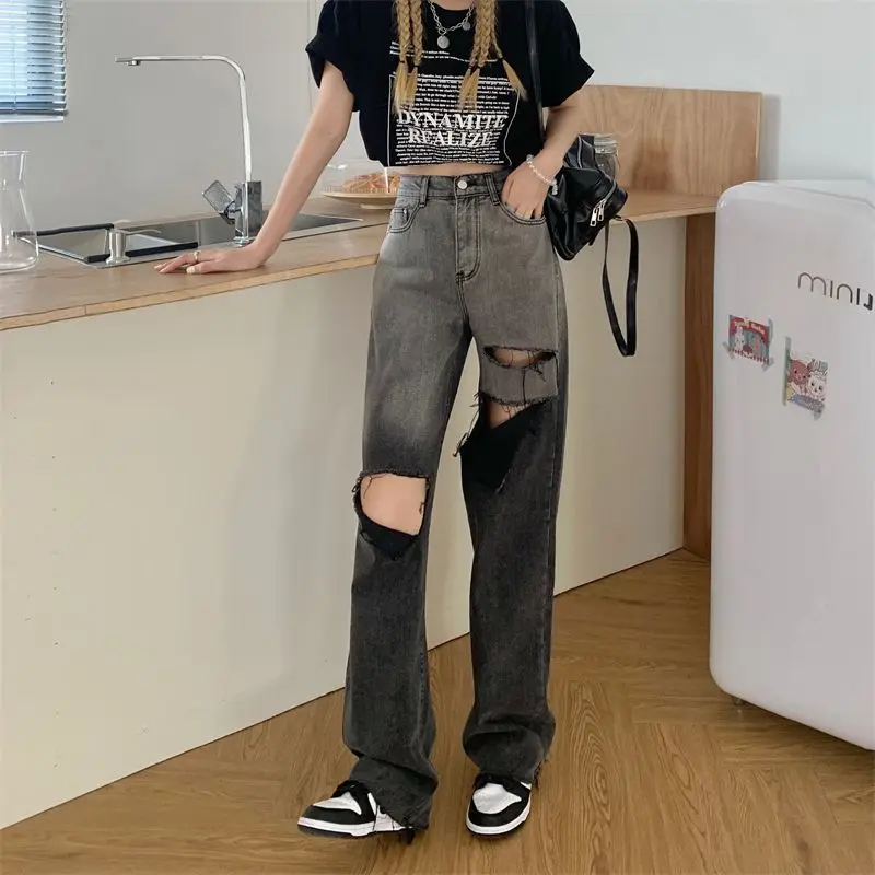 2023 New Gradient Perforated Jeans Women's Loose Design High Waist Wide Leg Pants Versatile Straight Leg Pants