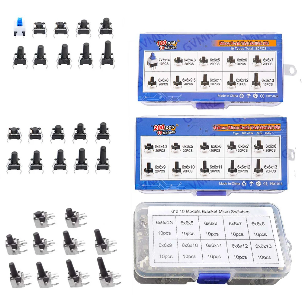 100/180/200PCS 4pin Pushbutton  6x6mm Micro Push Tact Switch Kit 6x6 Mini Tactile Toggle Touch Button PCB Momentary