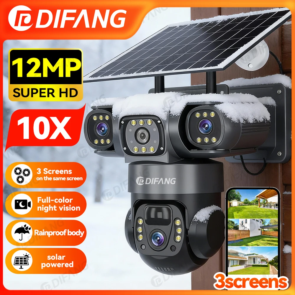 

Уличная беспроводная Wi-Fi камера DIFANG 12 МП на солнечной батарее с 3 объективами, 3 экранами, 10-кратным зумом, автоматическим отслеживанием и круглосуточной записью