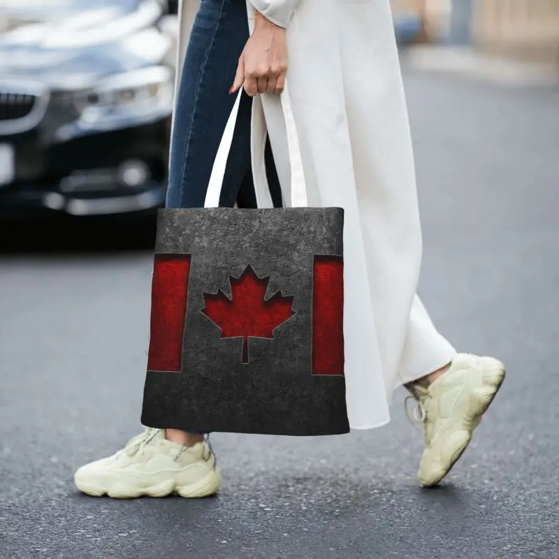 Divertente bandiera canadese Shopping Tote Bags riciclaggio strutturato bandiera canadese drogheria tela Shopper borsa a tracolla