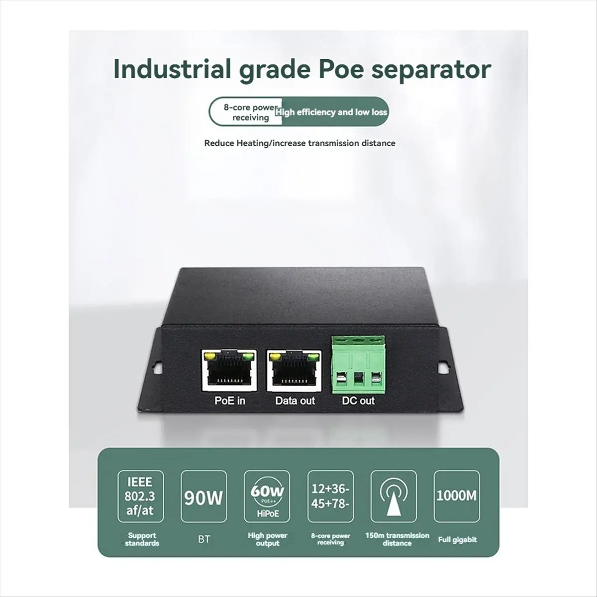 A40I 60W Industrial Home Isolated PoE Gigabit Splitter High Power 12V/24V Output Support IEEE802/3AF/AT/BT