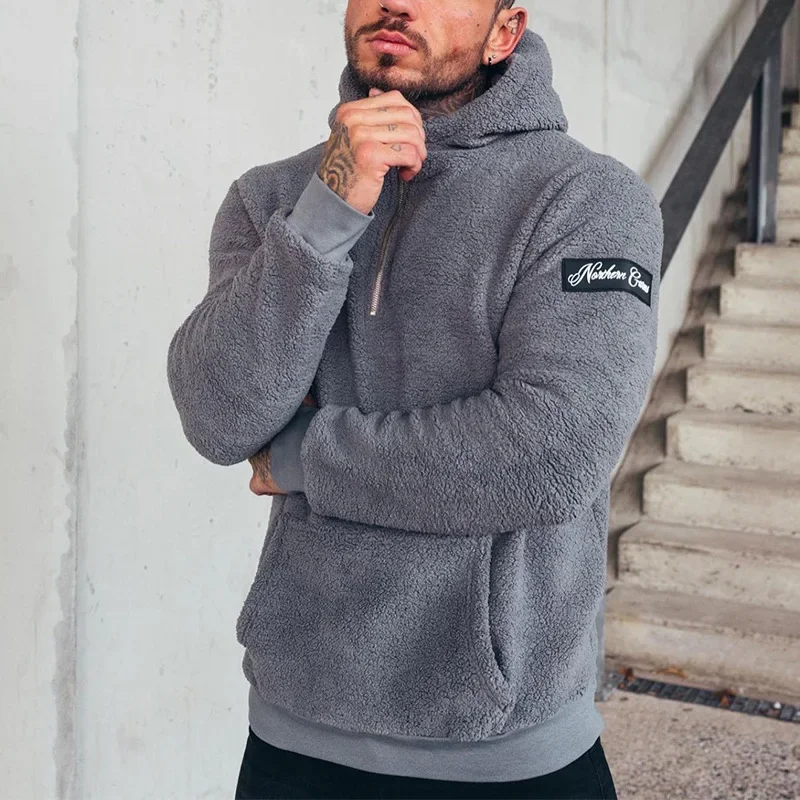 New Half Zipper Hooded Sweatshirts for Men Solid Winter Warm Fleece Hoodies with Pocket Casual Fit Streetwear Pullover With Nood