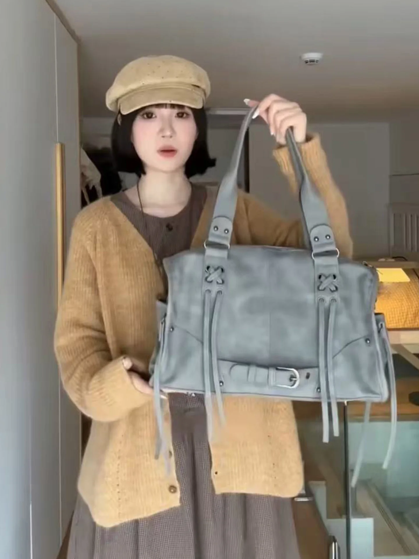 

Retro Faion Street Cool Sle Motorcycle Bag Women's Large Capaci Single oulder Tote Bag Casual Pure Color Handbag