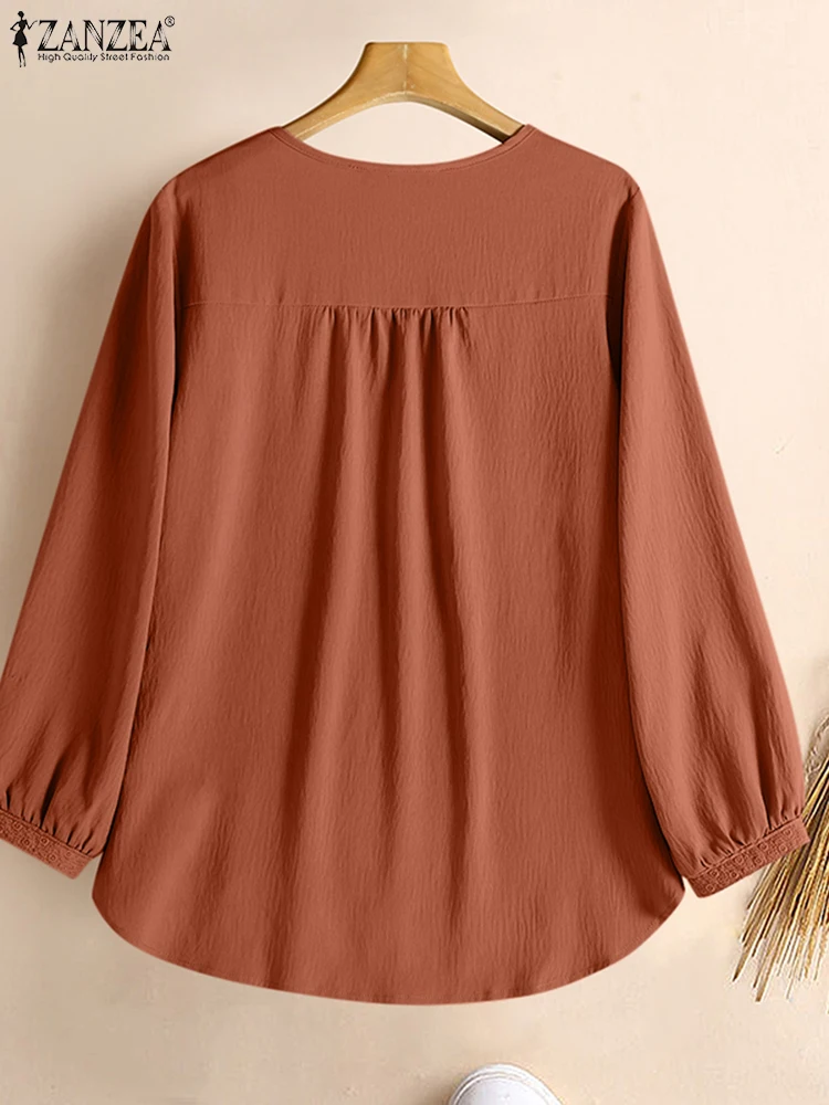 ZANZEA, Blusa de manga larga de otoño para mujer, Tops informales lisos, camisa elegante de primavera con cuello redondo, Blusas de trabajo OL elegantes para mujer de gran tamaño 2024