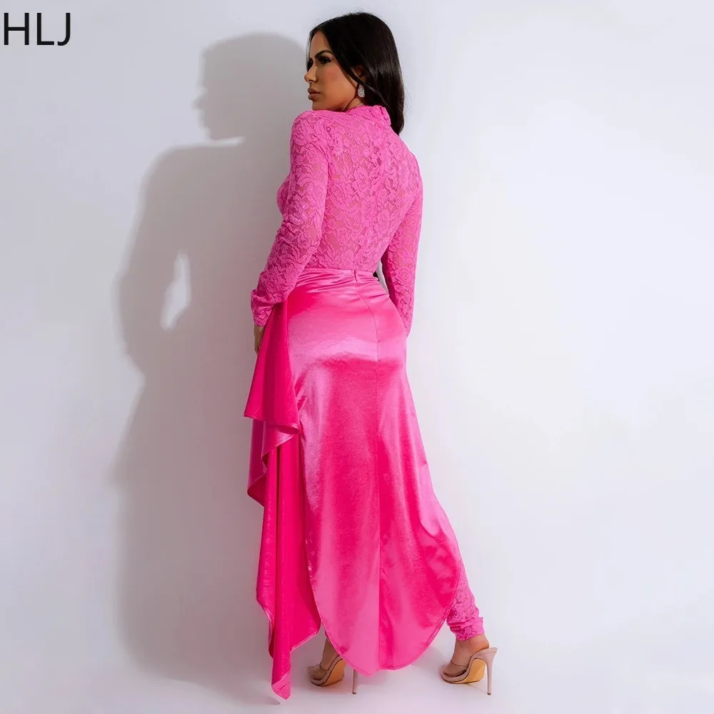 HLJ Fashion Mesh Lace Perspective Ruched Two Piece Sets Women O Neck Long Sleeve Bodsuits And Irregular Skirts Outfit Streetwear