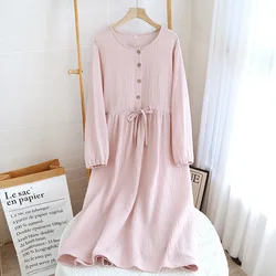 Candy Colored Minimalist Sleepdress Cotton Crepe Long Sleeved Skirt for Women's Home Wear Round Neck Buckle Drawstring Sleepwear