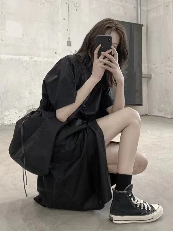 

Shimamoto Dark Summer Thin Shirt Dress Loose Short Sleeve Large Pocket Mid-Length Single Button Cotton Original Design Women'...