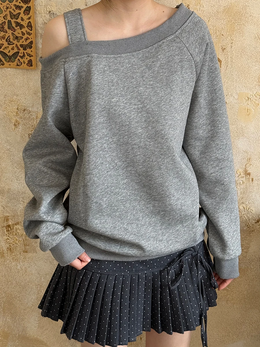VintageTang Spring ey Off-oulder Oversized Lazy Sle Sweatirt oulder Exposure Long Sve Hoodie Street Faion Wome...