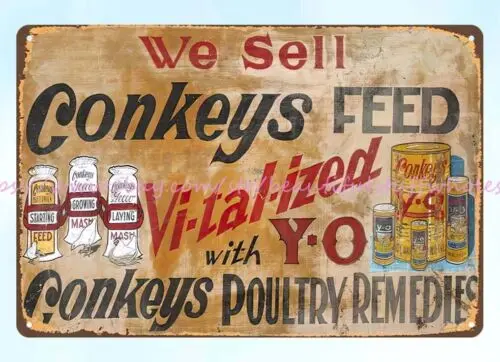 cafe pub rustic wall art poultry remedies Conkey's Feed metal tin sign