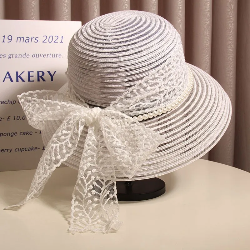 Hepburn style elegant lace hat for women's summer outings sunshade fisherman foldable basin