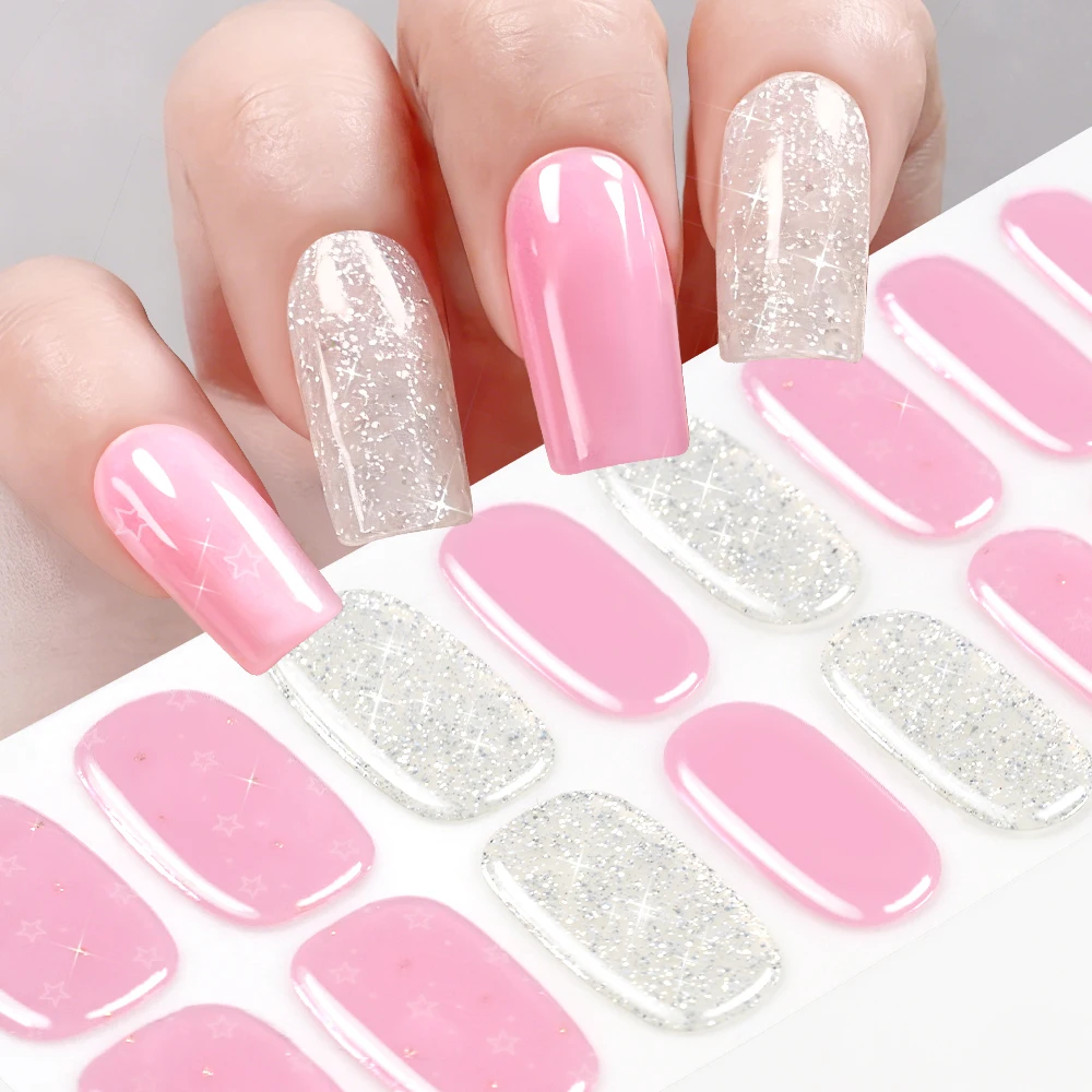 16Tips/Sheet Gradient Pink Baking-Free Gel Nail Stickers with Gold Silver Glitter Adhesive Nails Wraps Full Cover Manicure Strip