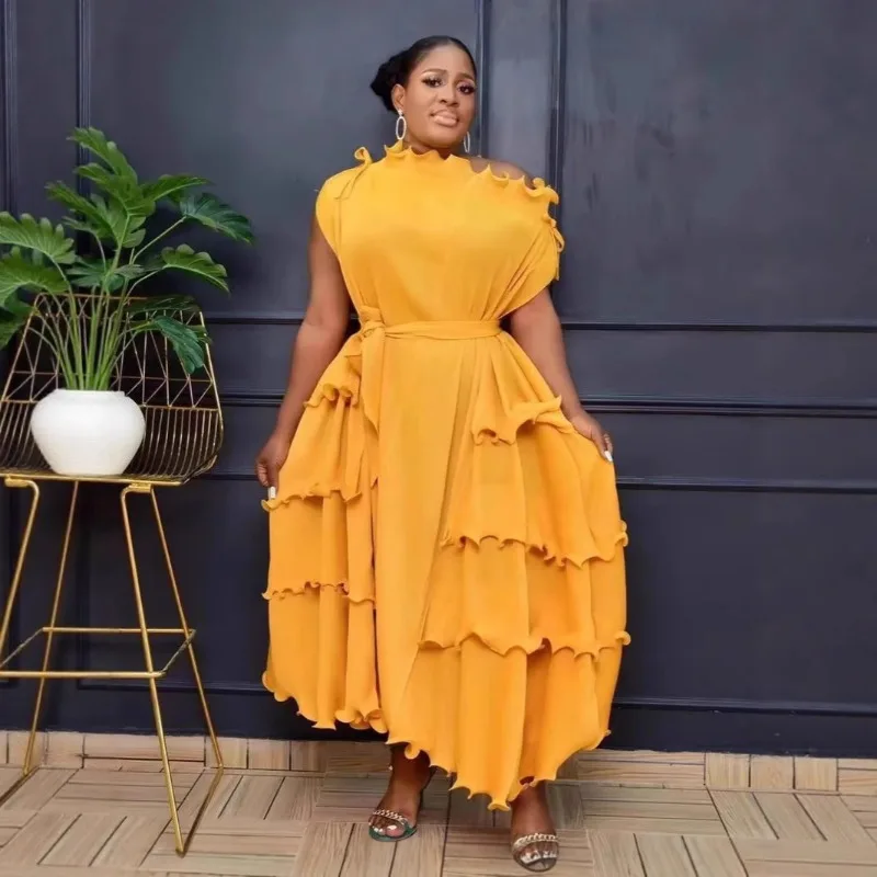 아프리카 플러스 사이즈 드레스 프랑스 패션 우아한 느슨한 기질 스키니 여성 롱 드레스 벨트 댄스 파티 드레스와 신축성