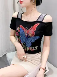 2025 New Arrival Printed Butterfly Diamond Set Art T-shirt Spring Summer Woman y2k Clothes Short Sleeve Backless Slash Collar
