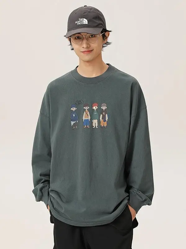 

Мужская футболка Bla Armada с ретро-мультяшным принтом, длинными рукавами и круглым вырезом, свободного кроя, модная базовая футболка для осеннего сезона