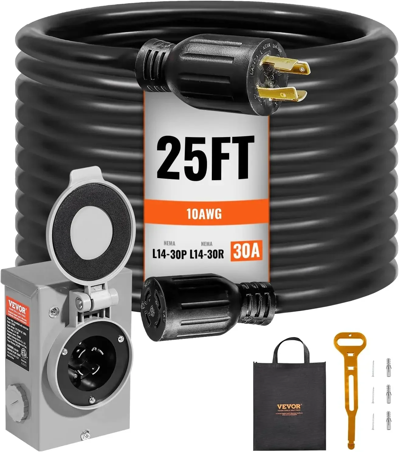

30 Amp Generator Cord and Power Inlet Box Kit, 25 FT Generator Extension Cord NEMA L14-30P/L14-30R STW 10 AWG, ETL Listed