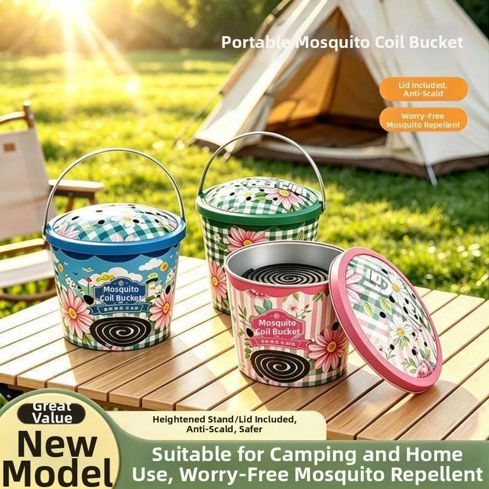 New Metal Mosquito Coil Holder Fireproof Anti Scald Mosquito Coil Container with Lid Mosquito Coil Bucket Outdoor Home Use