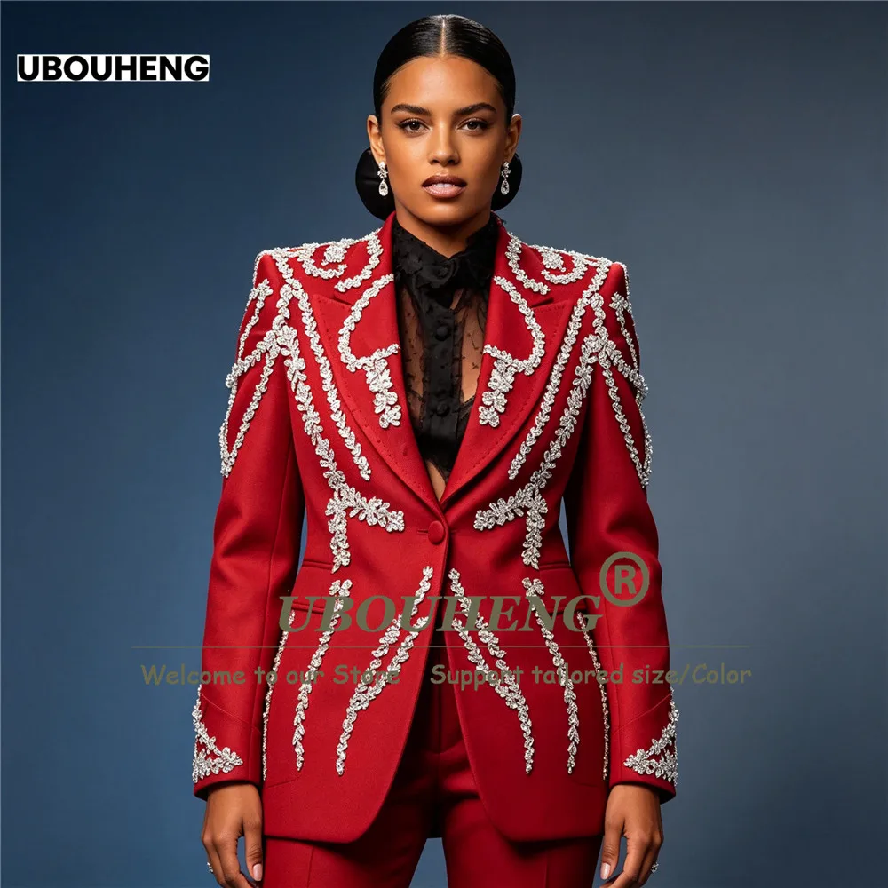 2 Piece Sets Suits Women Slim Fit Diamond Beading Stones Jacket Pants Customized Lady Business Party Tuxedo Female Wear Clothing