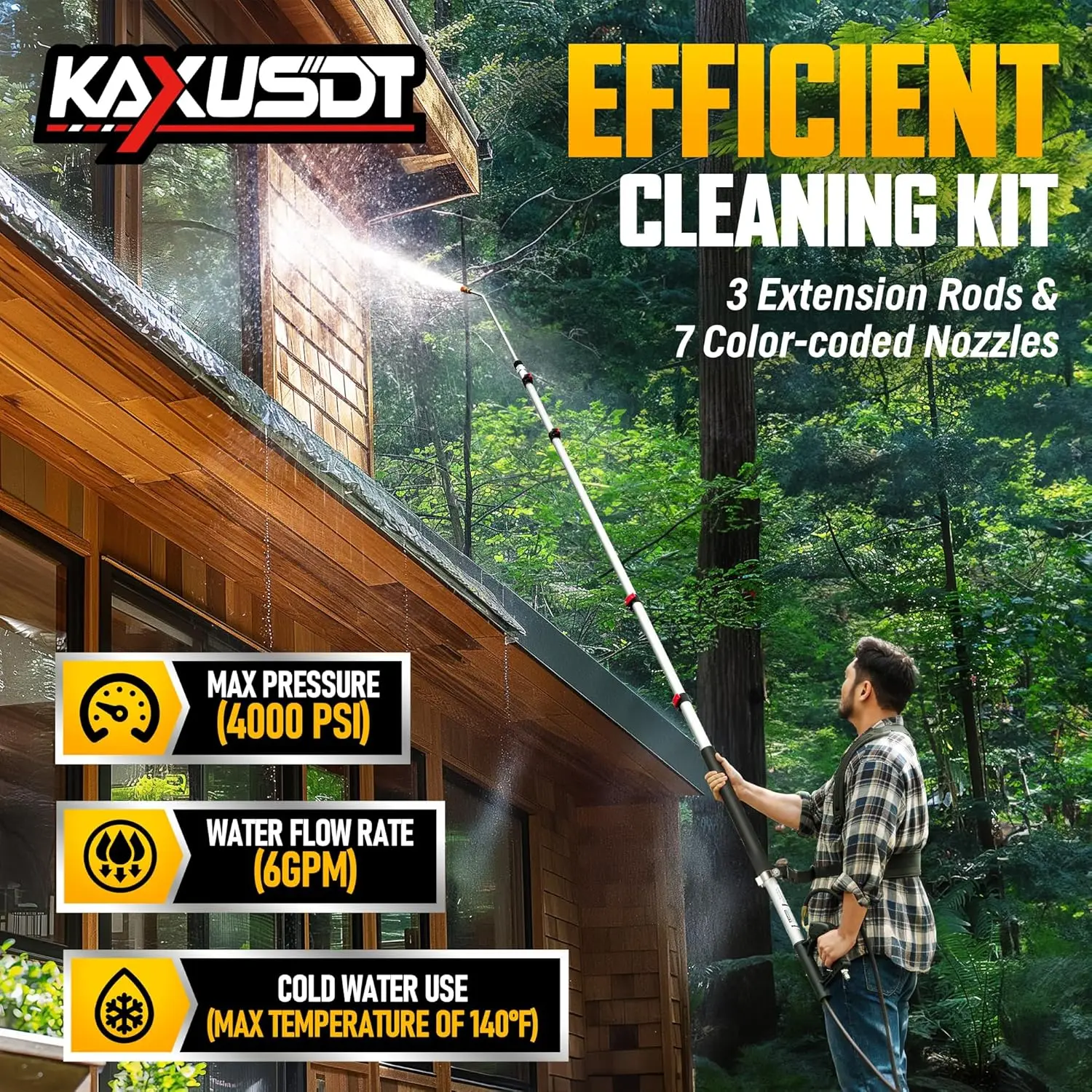 عصا غسالة الضغط المتداخلة بطول 24 قدمًا، 4000 رطل لكل بوصة مربعة، 7 فوهات، مجموعة تنظيف المزراب، ترقية مع حزام و3 أطراف