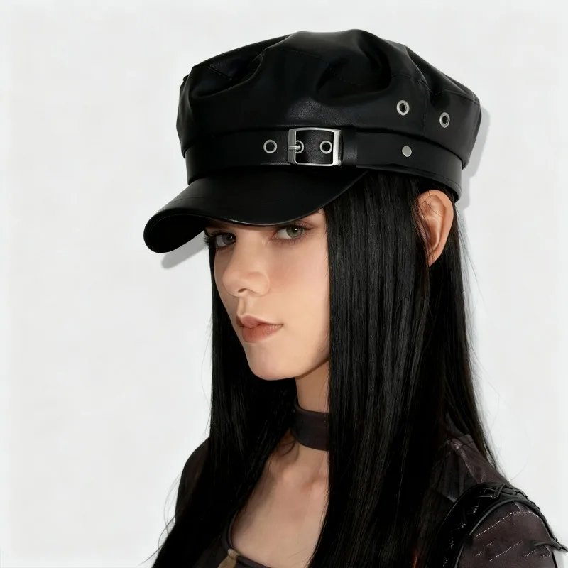 قبعة فنان عتيقة للنساء من جلد البولي يوريثان مع قبعة رسام بإبزيم قابل للتعديل للجنسين، أغطية رأس قوطية كاجوال للخارجية