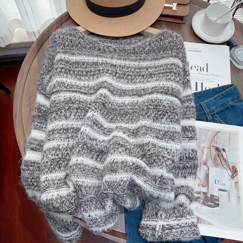 

2024 Grey Round Neck Women Clothing Knitting Sweater Korean Y2k Jacket Cashmere Coat Female Sweater Winter Color Collision Tops