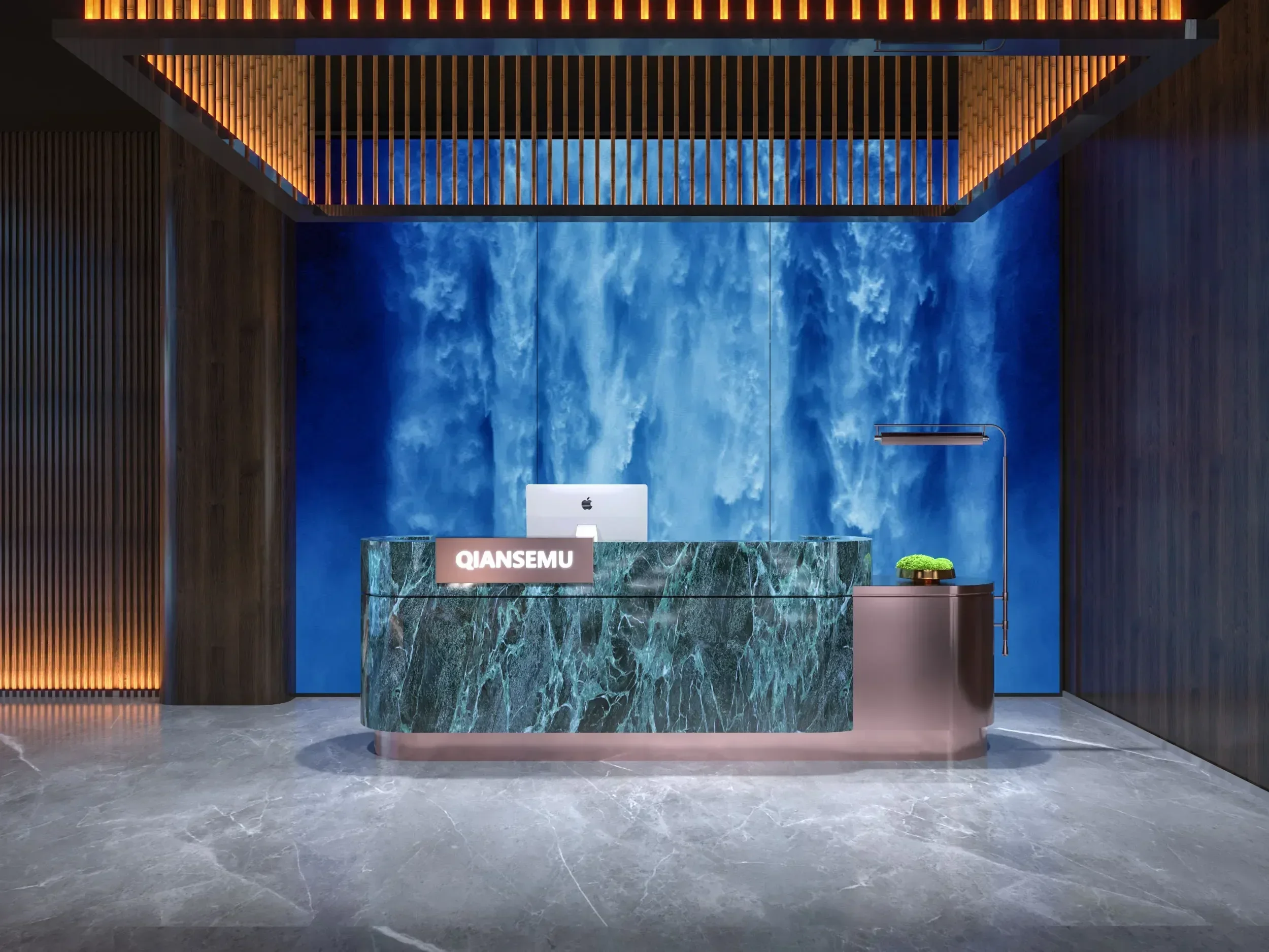 C Curved Hotel Beauty Salon Reception Front Desk Modern Light Luxury Sales Building Slate Marble Stainless Steel Bar