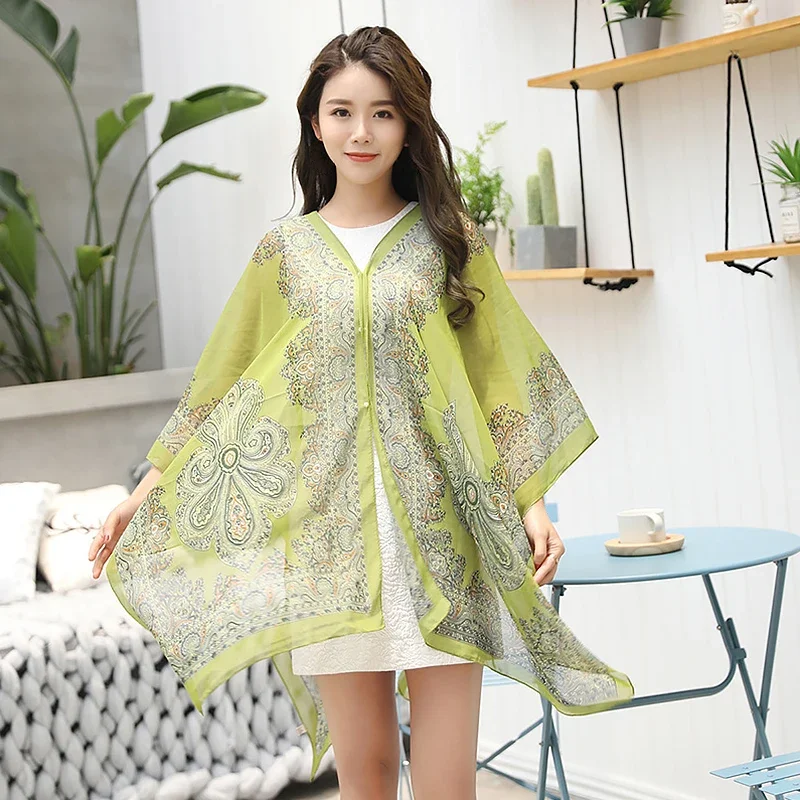 Women Bikini Cover Up Beach Dress Blouses Sun Protection Chiffon Cardigan Summer Holiday Shawl Ridding Large Size Long Tops