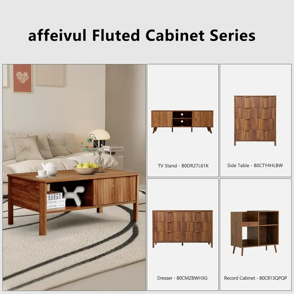 Mid Century Modern Coffee Table with Storage, Light Wood Finish, Rustic Fluted Design, Low for Living Room Use