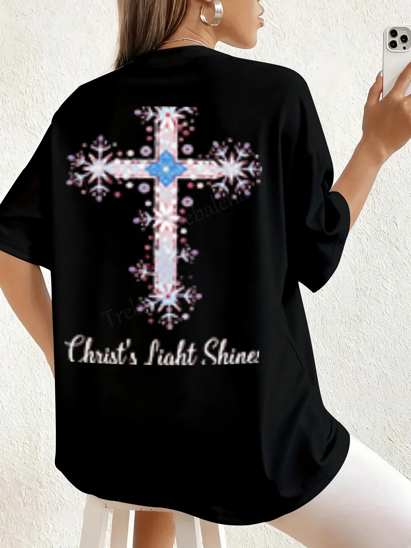 여성 티셔츠 글리터 크로스 티셔츠 '그리스도의 빛이 빛난다' 여성용 탑