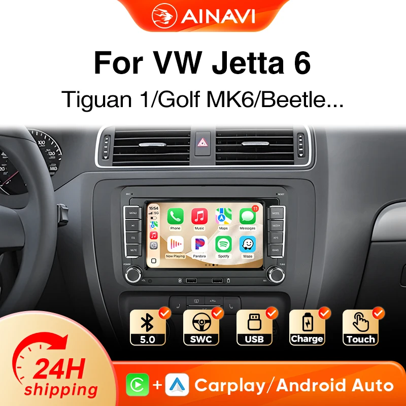AINAVI 2-Din-Autoradio für Volkswagen VW Jetta MK6 Carplay Passat B6 B7 CC Golf PLUS T5 Polo 5 Tiguan Jetta 6 EOS Android Auto Multimedia SWC FM 7 Zoll 2 DIN