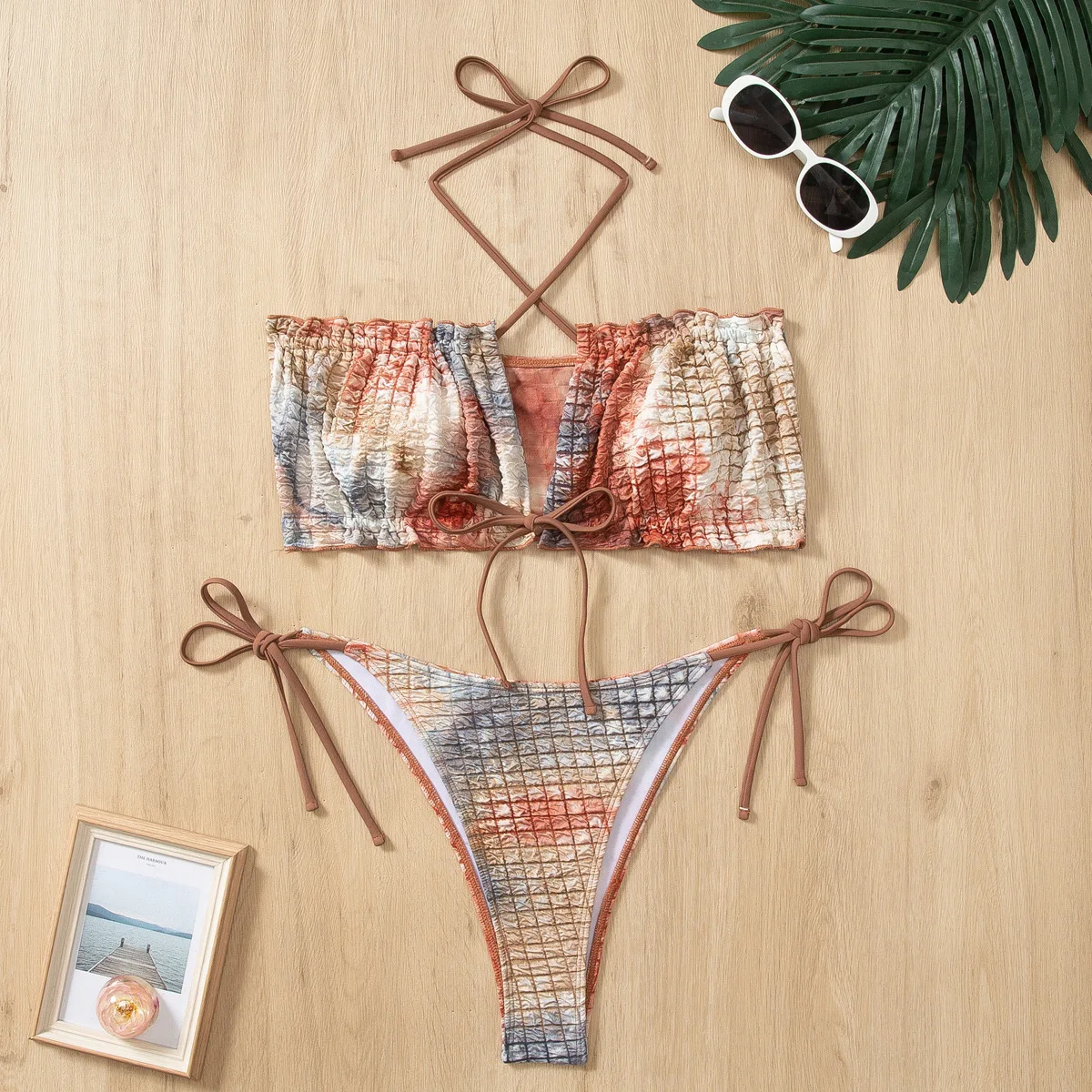 Sexy tie dye print bandeau bikini define duas peças halter enrugado maiô conjunto de biquíni tankini beachwear biquini