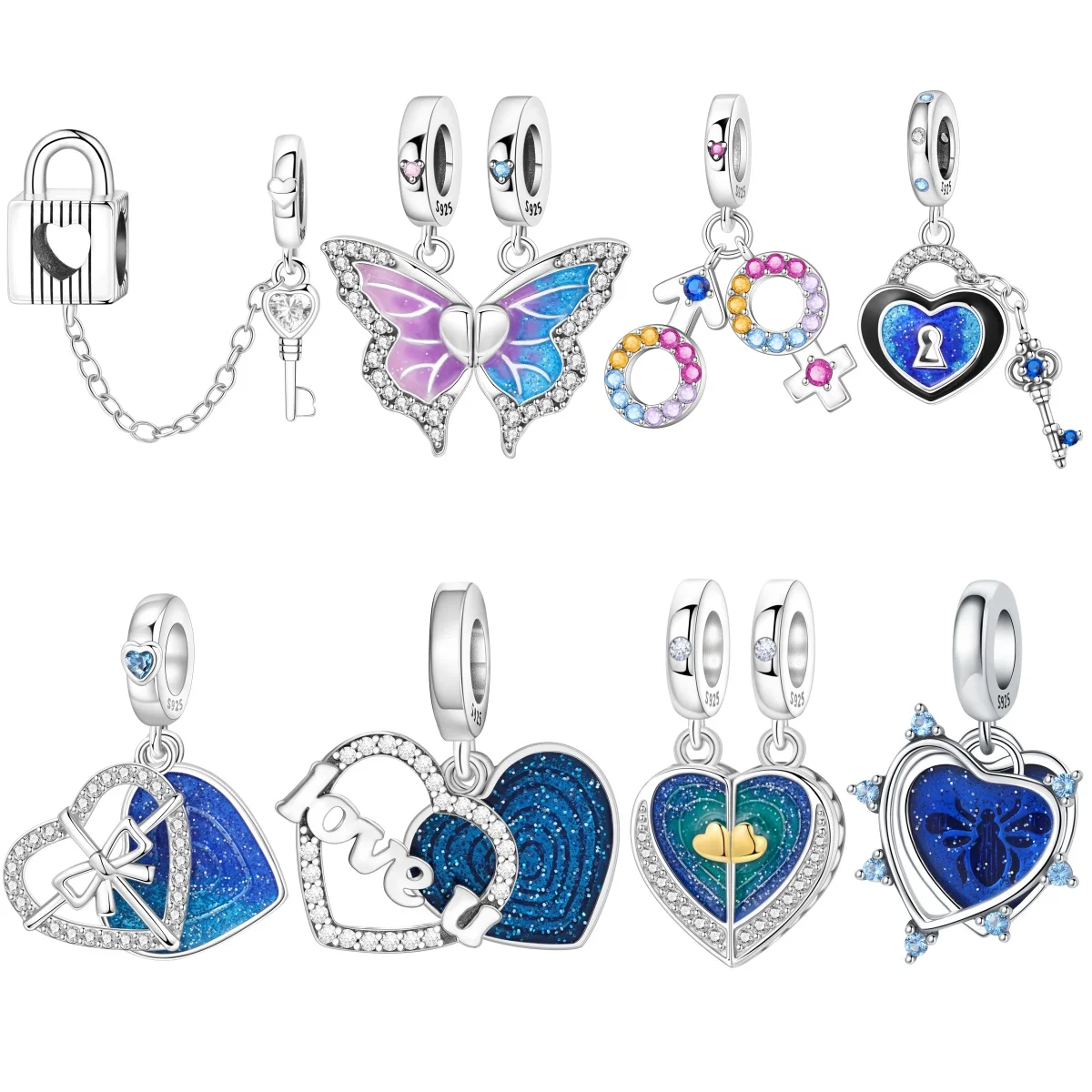 MISEFF S925 Sterling Silber Charm Anhänger mit blauem Liebesherz für Armband, Halskette, DIY-Schmuck, Valentinstag, Muttertag, Geschenk