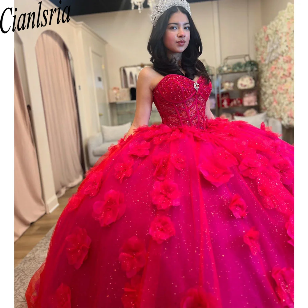 Robes de Quinceanera rouges de luxe avec appliques 3D, robe de Rhen dentelle, perles de cristal personnalisées, robe de soirée d'anniversaire