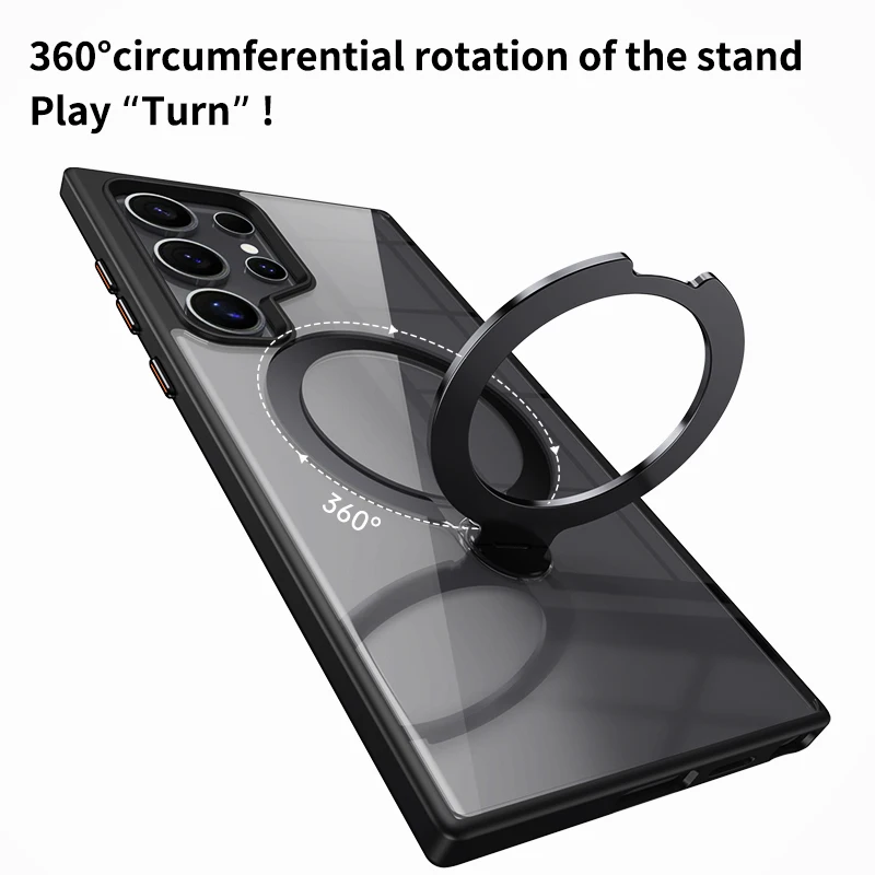 Super Luxury Magnetic Transparent Phone Case For Samsung S23 S24 Ultra Plus Anti-fall Phone Case with 360° Rotating Ring Stand