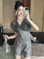 여성용 시크 캐주얼 투피스 의상, 우아한 쉬어 섹시 민소매 상의, 셔츠 블라우스 및 하이 웨이스트 반바지, 슬림 세트