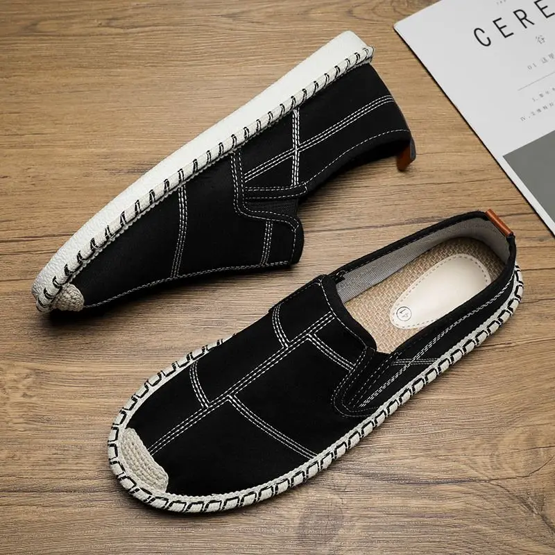 Men's Summer Breathable Canvas Shoes 2026 New Black Low Top Slip On Casual Cloth Sneakers Lightweight Walking Footwear