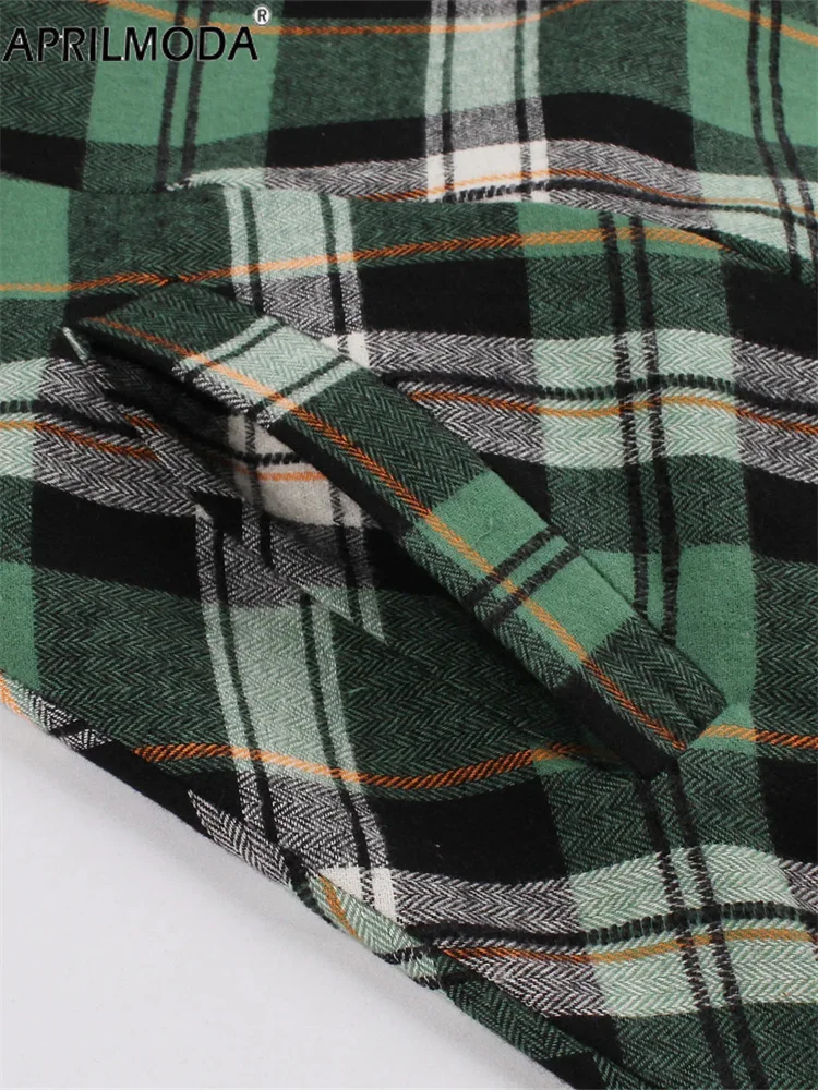 2024 Vintage 1950s Rockabilly Plaid Dresses Buttons Green Women Long Sleeve Autumn England Style Long Midi Dress Female Vestidos