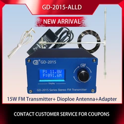 GD-2015-ALL-250W 15W FM 방송 라디오 송신기, 250W 다이플 안테나, 동축 케이블 라디오 스테이션, QN 칩, Q9 76-108Mhz