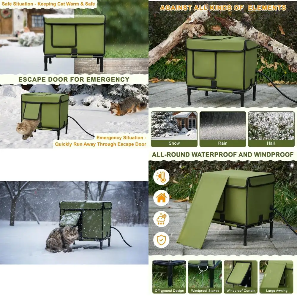 

Heated Insulated Outdoor Cat Shelter with Waterproof Heating Pad for Stray Cats, Army Green, 16.5x12.5x17.7