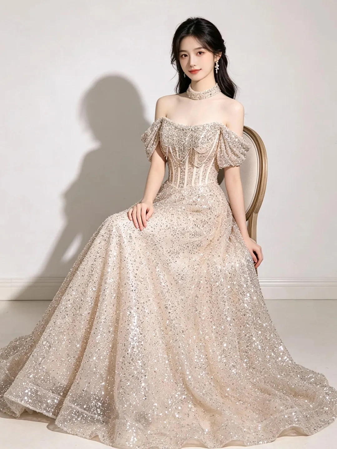 Fancy Champagne Evening Dress Off the Shoulder Lace-up Back Floor Length Prom Dress Shining Sequins with Beading Party Dress